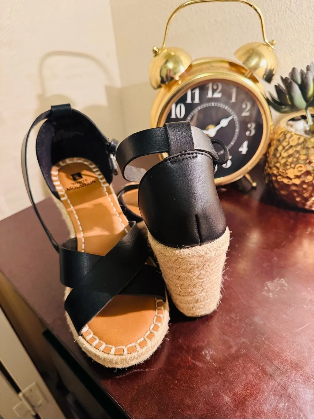 MIA Black Leather Espadrille Wedge Sandals